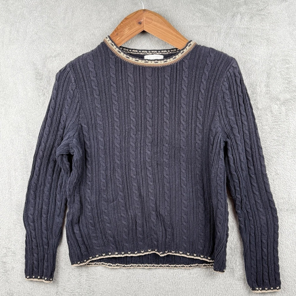 Christopher & Banks Sweater Women's S Navy Blue Cable Knit Cotton Crewneck